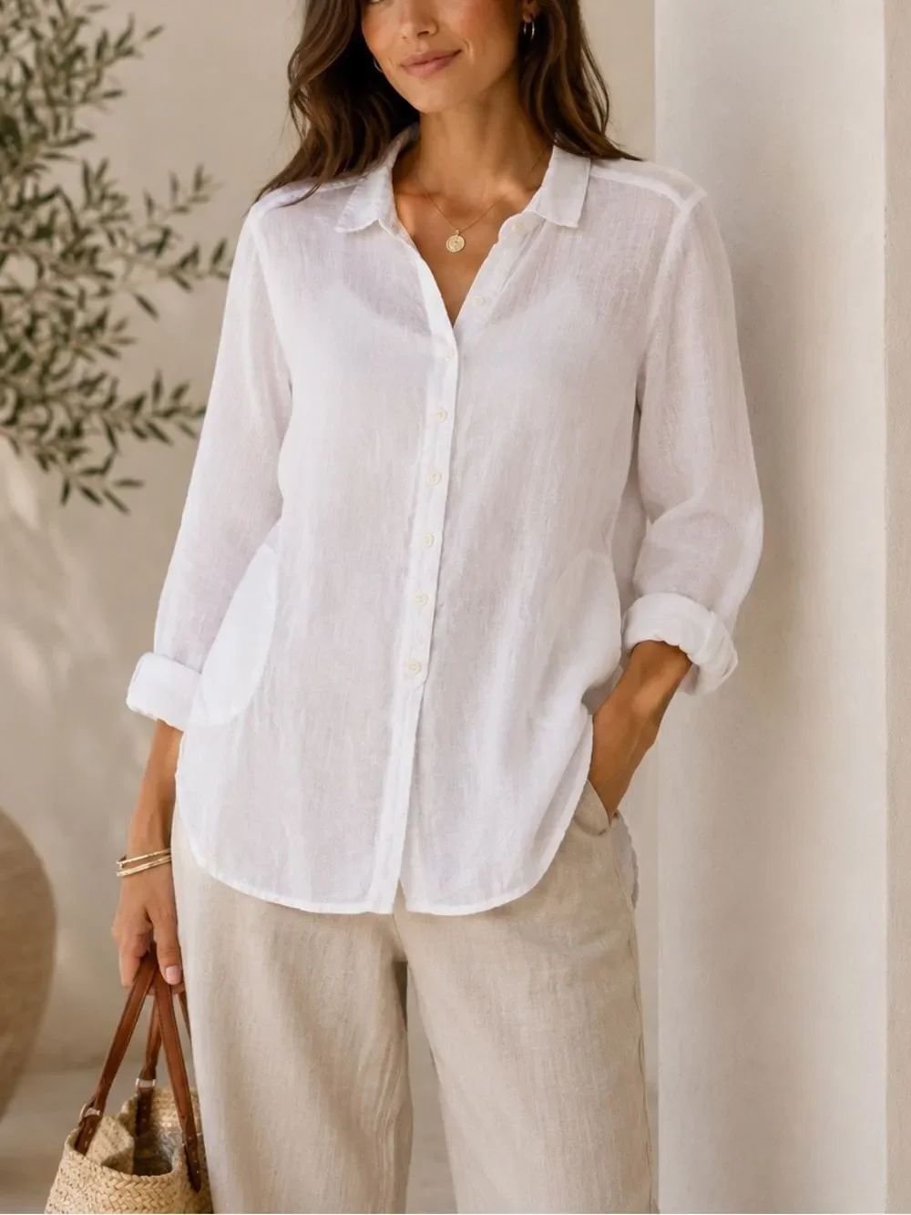 CP Shades White Linen Long Sleeve Button Front Tunic Top Size XS